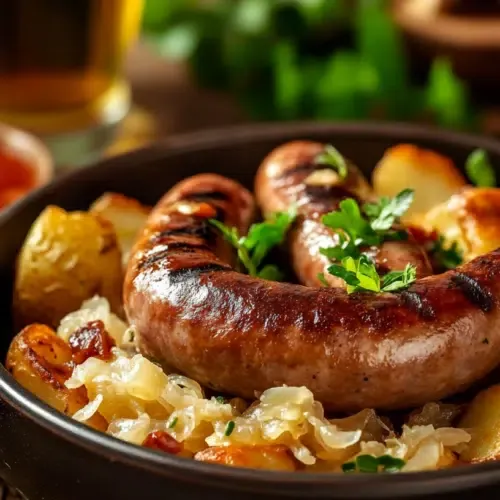 Bratwurst mit Sauerkraut und Kartoffeln aus der Heißluftfritteuse