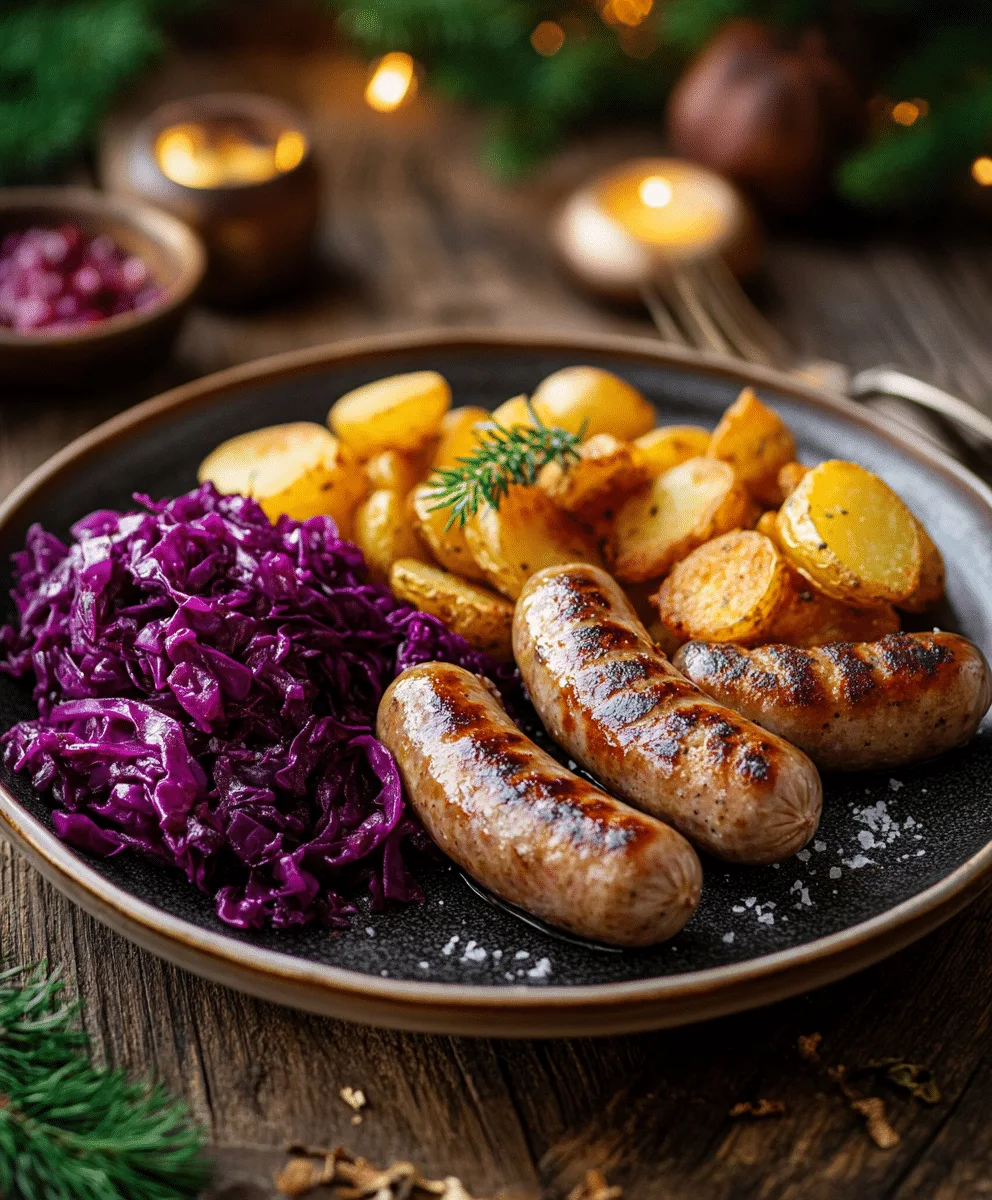 Bratwurst mit Rotkohl und Bratkartoffeln