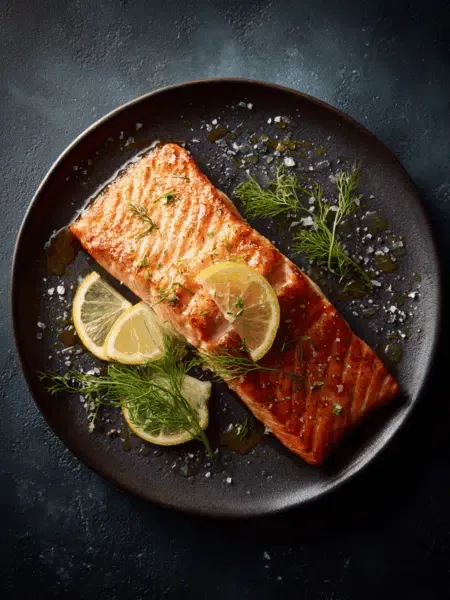 Ein perfekt gegartes Lachsfilet mit goldbrauner, knuspriger Haut liegt auf einem Teller, garniert mit einer Zitronenscheibe und frischem Dill