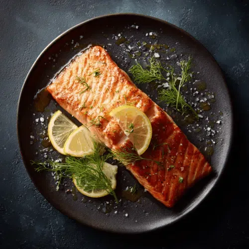 Ein perfekt gegartes Lachsfilet mit goldbrauner, knuspriger Haut liegt auf einem Teller, garniert mit einer Zitronenscheibe und frischem Dill