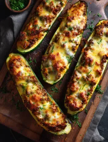 Gefüllte Zucchinihälften mit Hackfleisch aus der Heißluftfritteuse