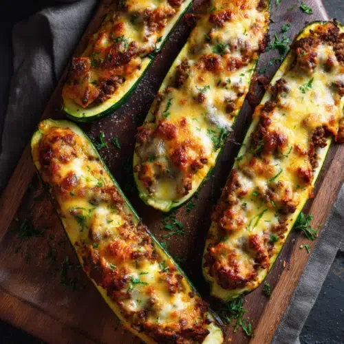Gefüllte Zucchinihälften mit Hackfleisch aus der Heißluftfritteuse